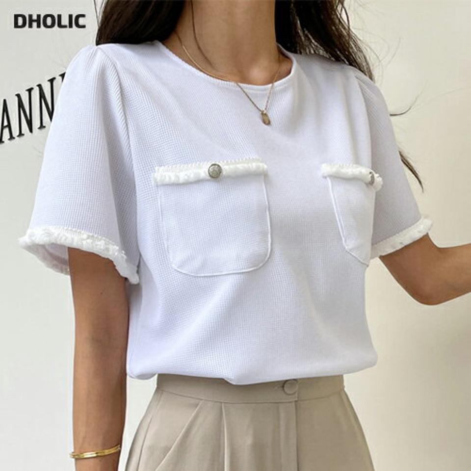 【10%OFF】ワッフルフリンジポケットブラウス・全3色・t68051 レディース 【bl】トップス ブラウス 半袖 ワッフル フリンジ 大人 シンプル ポケット ラウンドネック パフスリーブ きれいめ スリット 夏 韓国ファッション セール SALE