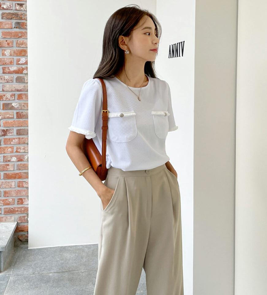 【10%OFF】ワッフルフリンジポケットブラウス・全3色・t68051 レディース 【bl】トップス ブラウス 半袖 ワッフル フリンジ 大人 シンプル ポケット ラウンドネック パフスリーブ きれいめ スリット 夏 韓国ファッション セール SALE