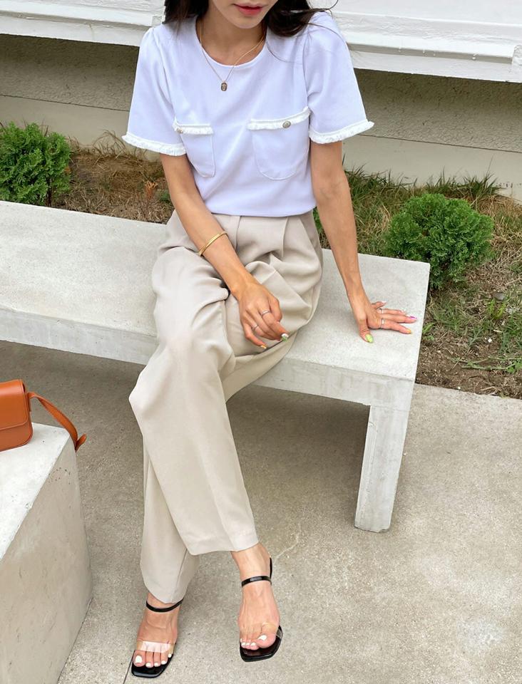 【10%OFF】ワッフルフリンジポケットブラウス・全3色・t68051 レディース 【bl】トップス ブラウス 半袖 ワッフル フリンジ 大人 シンプル ポケット ラウンドネック パフスリーブ きれいめ スリット 夏 韓国ファッション セール SALE