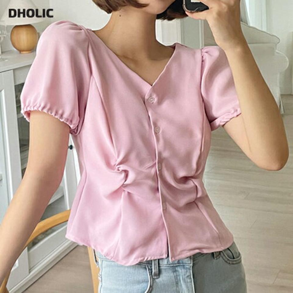 Vネックシャーリングパフブラウス・全4色・t68003 レディース 【bl】トップス ブラウス 半袖 Vネック シャーリング パフスリーブ フェミニン かわいい 可愛い ピンク 夏 韓国ファッション