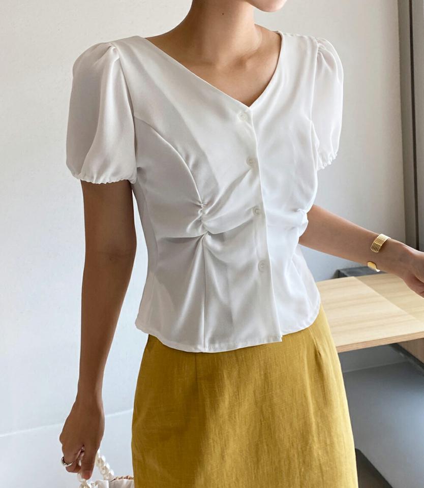 Vネックシャーリングパフブラウス・全4色・t68003 レディース 【bl】トップス ブラウス 半袖 Vネック シャーリング パフスリーブ フェミニン かわいい 可愛い ピンク 夏 韓国ファッション