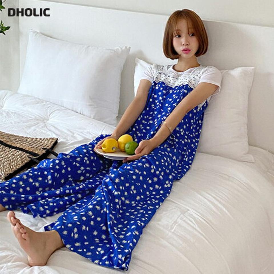 フローラルレースオールインワン・全2色・b68016 レディース 【pt】オールインワン パンツ ズボン ロングパンツ ワイドパンツ ノースリーブ レイヤード 花柄 レトロ レース かわいい 可愛い 楽ちん ワンマイルウェア 青 夏 韓国ファッション