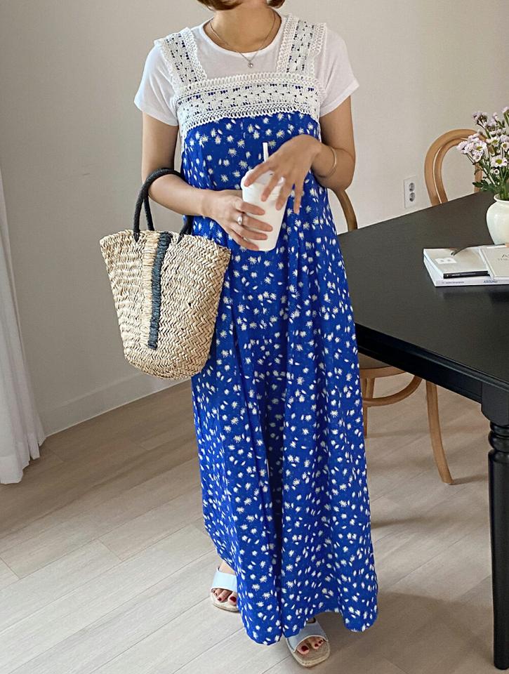 フローラルレースオールインワン・全2色・b68016 レディース 【pt】オールインワン パンツ ズボン ロングパンツ ワイドパンツ ノースリーブ レイヤード 花柄 レトロ レース かわいい 可愛い 楽ちん ワンマイルウェア 青 夏 韓国ファッション