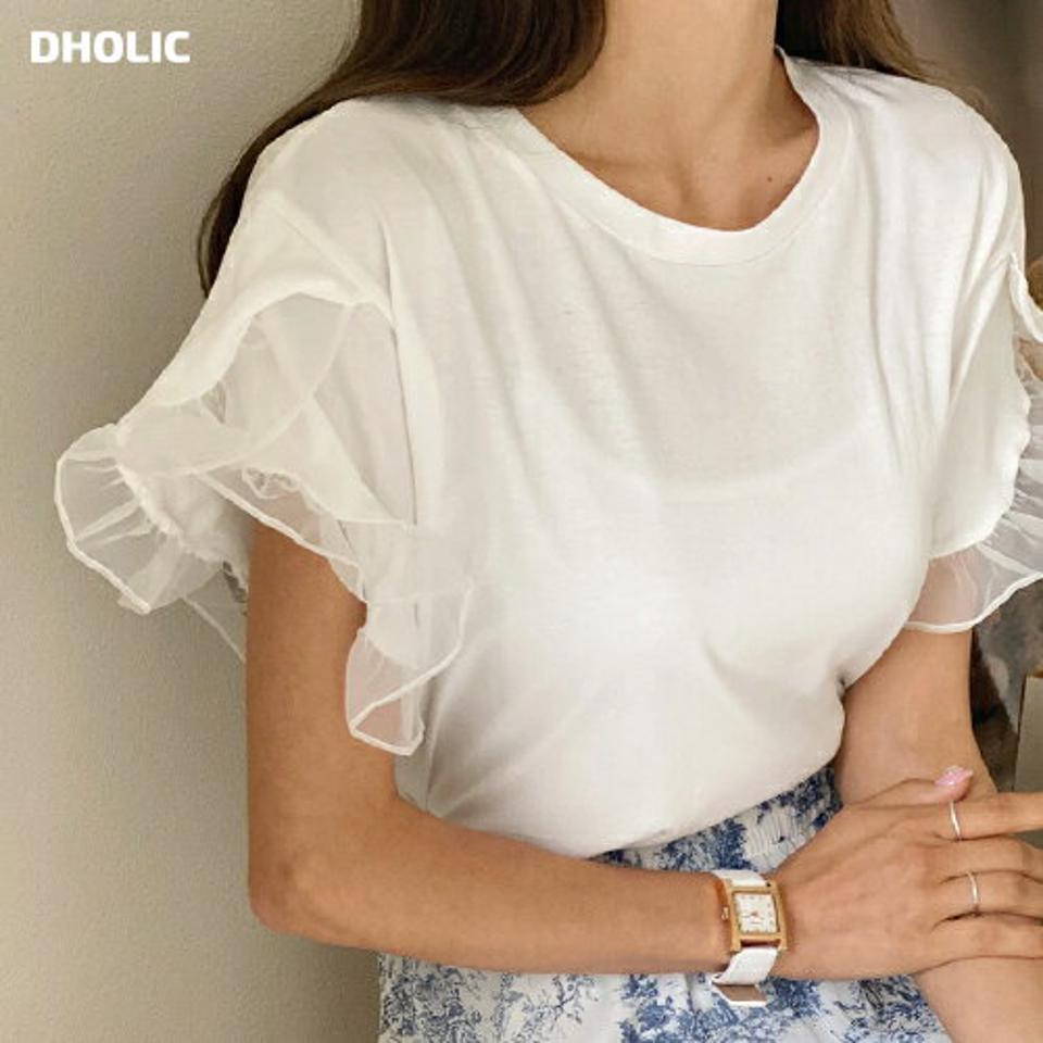 【10%OFF】シアーフリルスリーブTシャツ・全4色・t67369 レディース 【tops】トップス Tシャツ 半袖 フリル 透け感 シアー シースルー ラウンドネック フェミニン 大人 スリット 単色 かわいい 可愛い シンプル 二の腕カバー 袖コン 夏 韓国ファッション セール SALE
