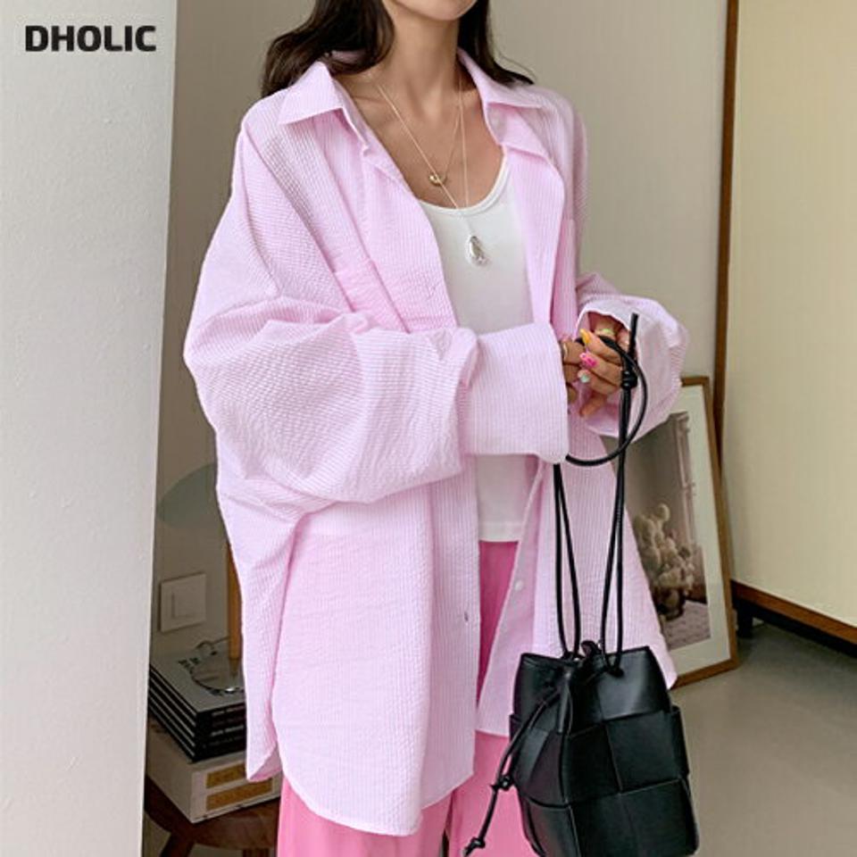 リンクルストライプシャツ・全3色・t67380 レディース 【bl】トップス シャツ 長袖 ゆったり オーバーサイズ ビッグサイズ ストライプ柄 リンクル 爽やか 大人 カジュアル サイドスリット ドロップショルダー ピンク 春 夏 韓国ファッション