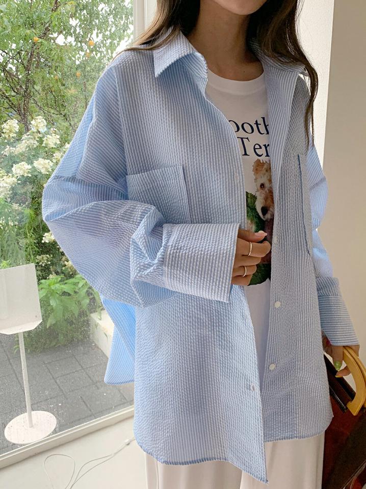 リンクルストライプシャツ・全3色・t67380 レディース 【bl】トップス シャツ 長袖 ゆったり オーバーサイズ ビッグサイズ ストライプ柄 リンクル 爽やか 大人 カジュアル サイドスリット ドロップショルダー ピンク 春 夏 韓国ファッション