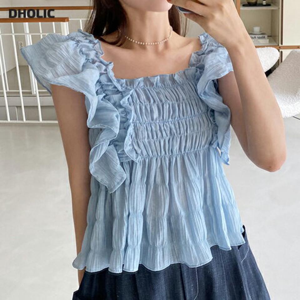 リンクルシャーリングフリルブラウス・全3色・b67397 レディース 【bl】トップス ブラウス ショートスリーブ フレンチスリーブ 二の腕カバー フリル シャーリング リンクル ガーリー お腹カバー ペプラム スクエアネック 水色 夏 韓国ファッション