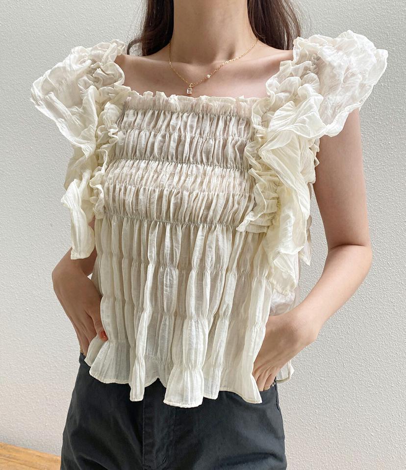 リンクルシャーリングフリルブラウス・全3色・b67397 レディース 【bl】トップス ブラウス ショートスリーブ フレンチスリーブ 二の腕カバー フリル シャーリング リンクル ガーリー お腹カバー ペプラム スクエアネック 水色 夏 韓国ファッション