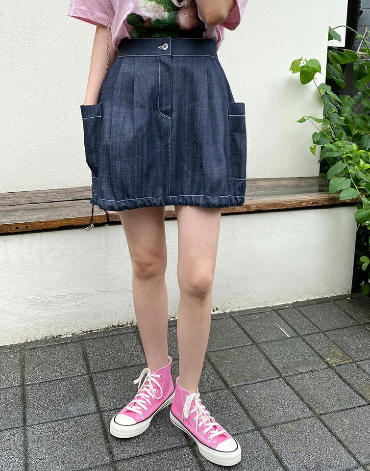 【10%OFF】ストリングヘムデニムスカート・全1色・t67374 レディース 【sk】ミニスカート ショート丈 デニム ストリングヘム カジュアル ストリート ラフ ステッチ タック フレア 濃い 春 夏 綿 コットン 韓国ファッション セール SALE