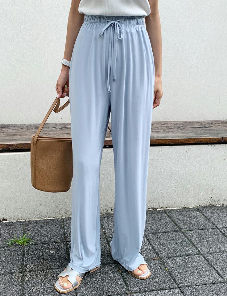 ストリング付ハイウエストパンツ・全4色・t67373 レディース 【pt】パンツ ズボン ワイドパンツ ロング 長ズボン ハイウエスト ストリング ウエストゴム 単色 無地 シンプル ストレート パステル 楽ちん ラフ 水色 春 夏 韓国ファッション