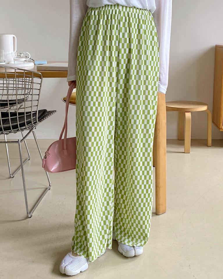 2TYPEプリーツパンツ・全8色・t66936 レディース 【pt】パンツ ズボン ワイドパンツ ロングパンツ プリーツ チェック柄 ブロックチェック カジュアル ラフ 楽ちん 単色 無地 ハイウエスト ウエストゴム ワンマイルウェア 韓スト 黄緑 夏 韓国ファッション