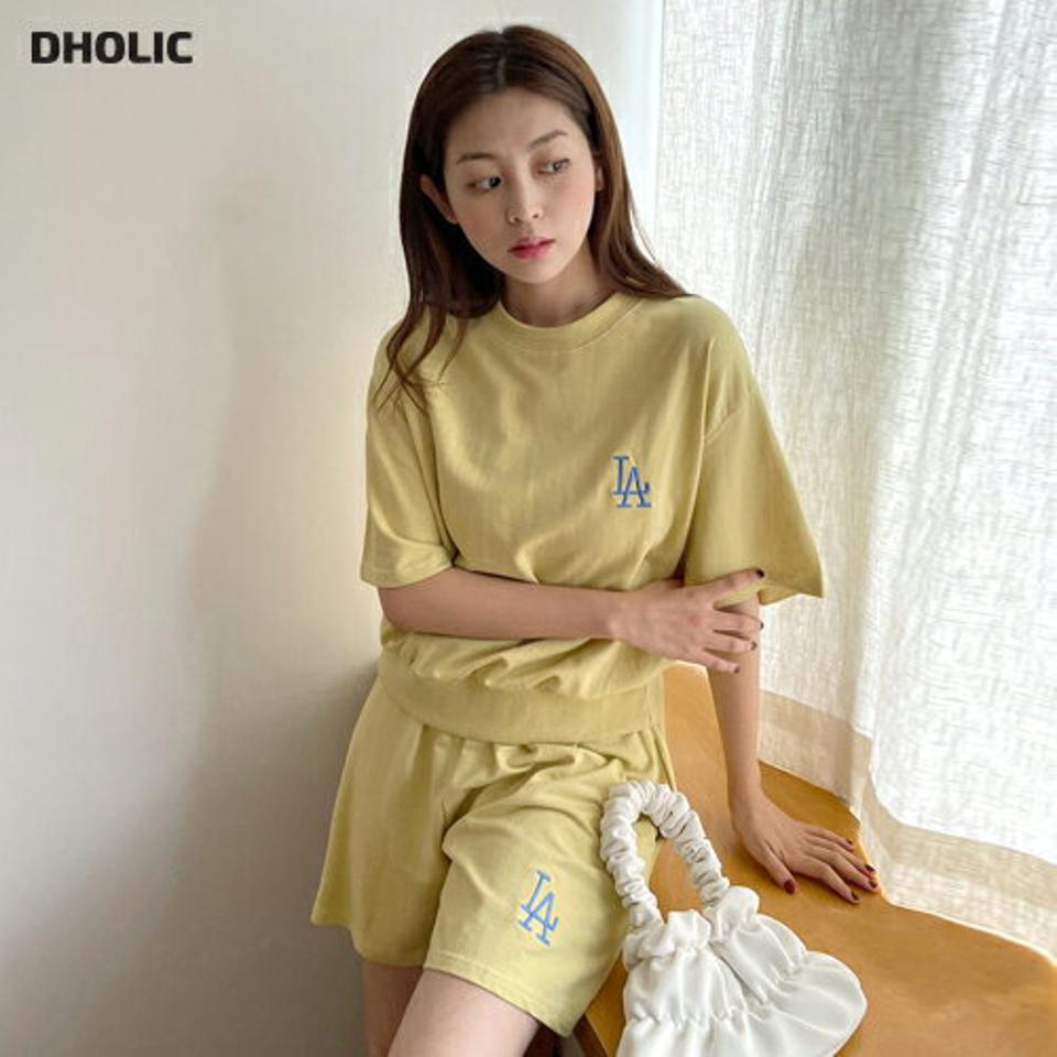 LA刺繍半袖スウェット&ハーフパンツSET・全3色・t66927 レディース 【pt】セットアップ setup トップス Tシャツ ロゴ 刺繍 半袖 ショートパンツ 短パン ハーフパンツ ラフ ワンマイルウェア ウエストゴム 黄色 ストリート 韓スト 夏 韓国ファッション