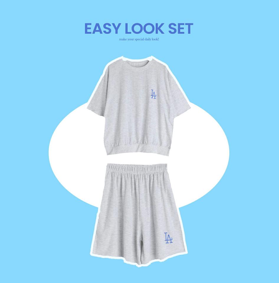 LA刺繍半袖スウェット&ハーフパンツSET・全3色・t66927 レディース 【pt】セットアップ setup トップス Tシャツ ロゴ 刺繍 半袖 ショートパンツ 短パン ハーフパンツ ラフ ワンマイルウェア ウエストゴム 黄色 ストリート 韓スト 夏 韓国ファッション