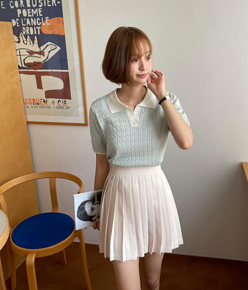 配色カラーケーブルニット・全4色・t66915 レディース 【tops】トップス ニット 半袖 ポロ襟 ケーブルニット 配色 大人 カジュアル クロップド丈 スリットネック 夏 サマーニット 韓国ファッション
