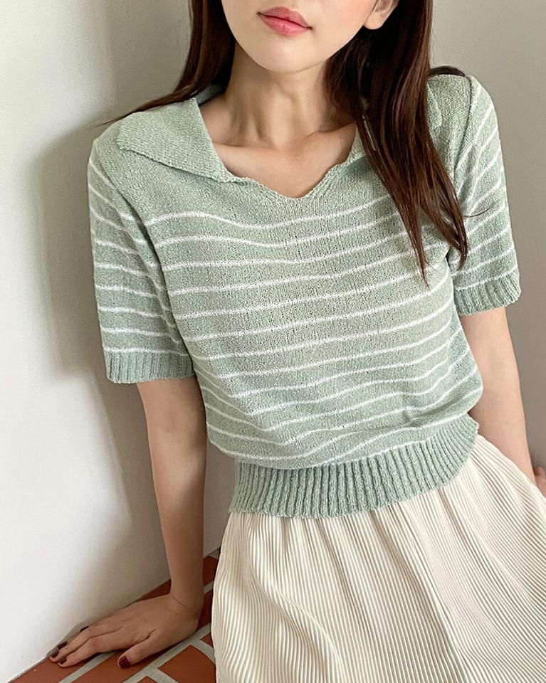 ボーダーカラー半袖ニット・全4色・b66918 レディース 【tops】トップス ニット 半袖 ハーフスリーブ ボーダー柄 カジュアル ラフ クロップド丈 襟 夏 サマーニット 韓国ファッション