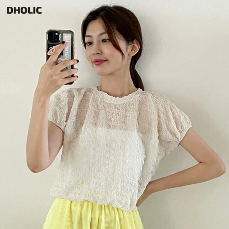 エンボスフレンチスリーブブラウス・全4色・t66913 レディース 【bl】トップス ブラウス 半袖 エンボス フレンチスリーブ ショートスリーブ 透け感 シアー シースルー ラウンドネック 大人 かわいい 夏 韓国ファッション