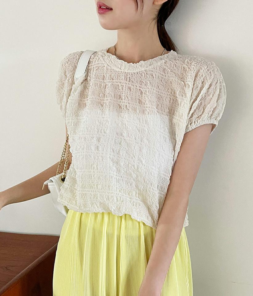 エンボスフレンチスリーブブラウス・全4色・t66913 レディース 【bl】トップス ブラウス 半袖 エンボス フレンチスリーブ ショートスリーブ 透け感 シアー シースルー ラウンドネック 大人 かわいい 夏 韓国ファッション