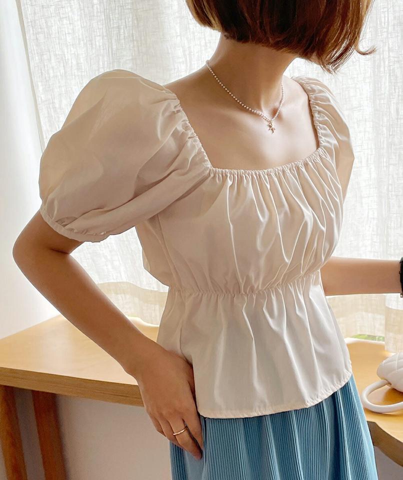 2WAYペプラムパフブラウス・全4色・t66914 レディース 【bl】トップス ブラウス 半袖 ハーフスリーブ パフスリーブ スクエアネック 二の腕カバー 単色 シンプル ペプラムトップス お腹カバー オフショルダー 肩出し 夏 韓国ファッション
