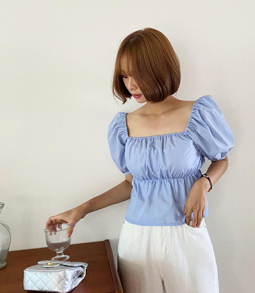 2WAYペプラムパフブラウス・全4色・t66914 レディース 【bl】トップス ブラウス 半袖 ハーフスリーブ パフスリーブ スクエアネック 二の腕カバー 単色 シンプル ペプラムトップス お腹カバー オフショルダー 肩出し 夏 韓国ファッション
