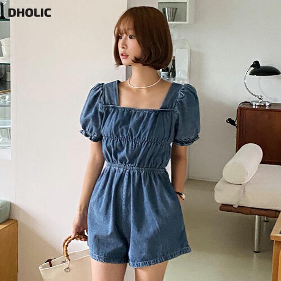 パフデニムオールインワン・全1色・t66926 レディース 【pt】オールイワン 半袖 パンツ ズボン ショートパンツ 短パン デニム パフスリーブ ウエストゴム スクエアネック パフスリーブ ガーリー かわいい 可愛い 青 ゴム 夏 韓国ファッション