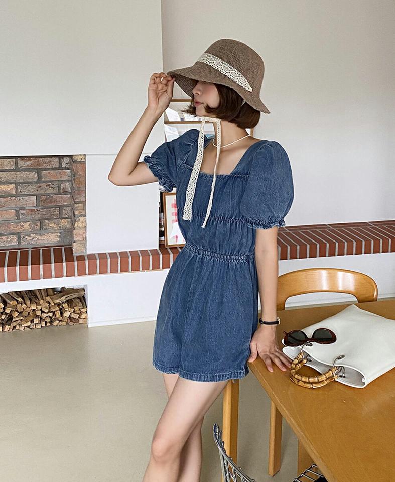 パフデニムオールインワン・全1色・t66926 レディース 【pt】オールイワン 半袖 パンツ ズボン ショートパンツ 短パン デニム パフスリーブ ウエストゴム スクエアネック パフスリーブ ガーリー かわいい 可愛い 青 ゴム 夏 韓国ファッション