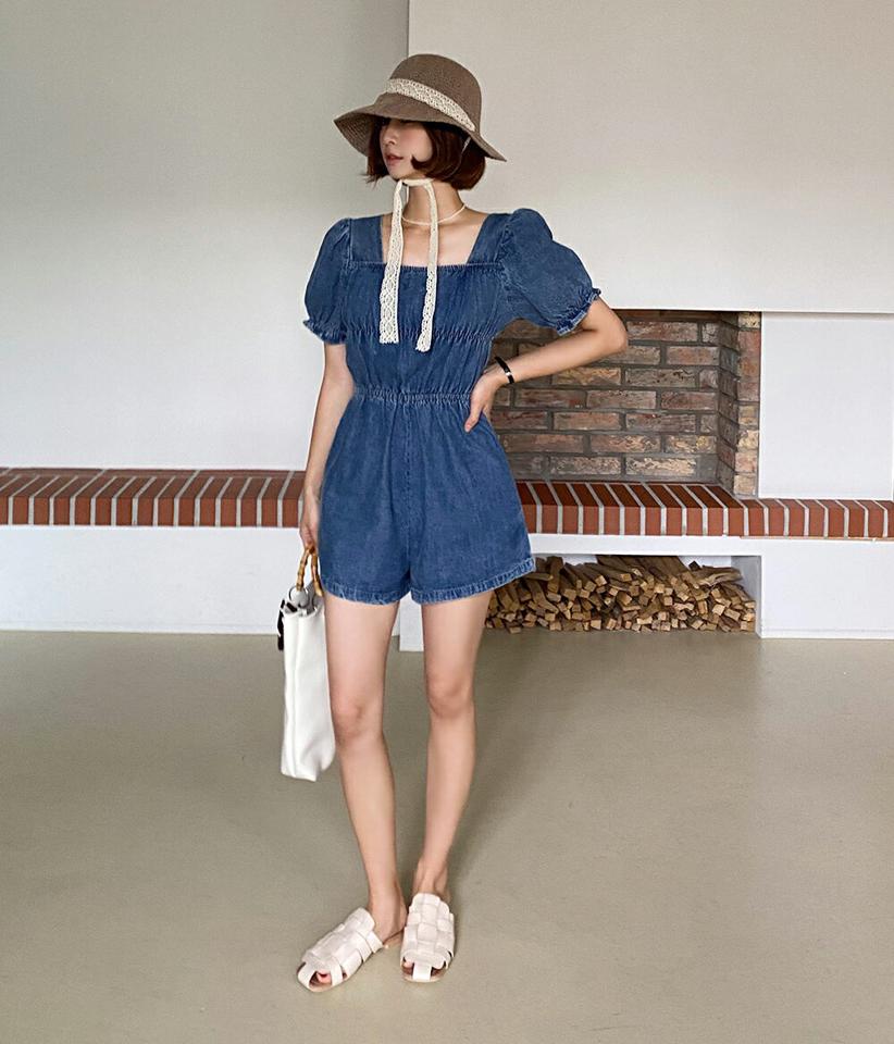 パフデニムオールインワン・全1色・t66926 レディース 【pt】オールイワン 半袖 パンツ ズボン ショートパンツ 短パン デニム パフスリーブ ウエストゴム スクエアネック パフスリーブ ガーリー かわいい 可愛い 青 ゴム 夏 韓国ファッション