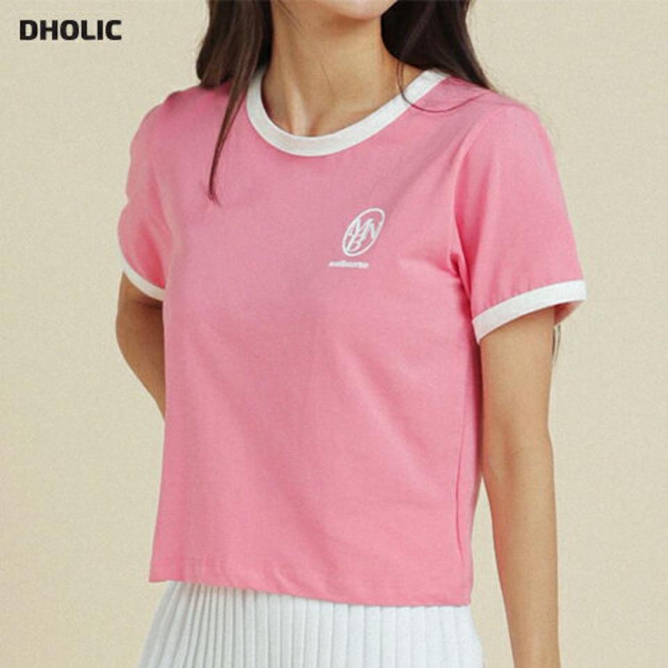 【10%OFF】MBN配色ロゴTシャツ・全2色・t02823 レディース 【tops】トップス Tシャツ 半袖 ロゴ ラウンドネック 配色 シンプル カジュアル ラフ クロップド丈 ピンク リンガーTシャツ 夏 韓国ファッション GOLFWEAR ゴルフウェア セール SALE