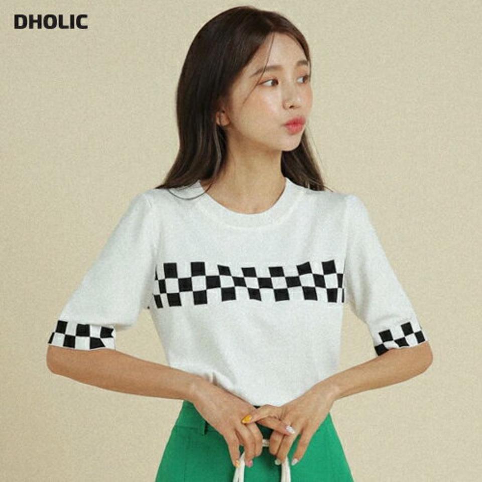 【10%OFF】ラウンドブロックチェックニット・全2色・b02824 レディース 【tops】トップス ニット 半袖 ハーフスリーブ チェック柄 ブロックチェック ラウンドネック カジュアル ラフ 夏 韓国ファッション GOLFWEAR ゴルフウェア セール SALE