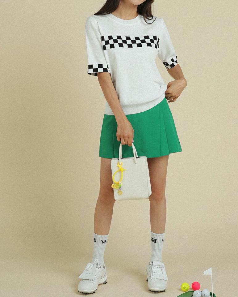 【10%OFF】ラウンドブロックチェックニット・全2色・b02824 レディース 【tops】トップス ニット 半袖 ハーフスリーブ チェック柄 ブロックチェック ラウンドネック カジュアル ラフ 夏 韓国ファッション GOLFWEAR ゴルフウェア セール SALE