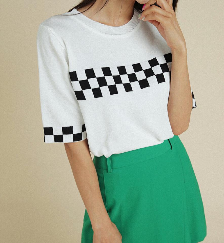 【10%OFF】ラウンドブロックチェックニット・全2色・b02824 レディース 【tops】トップス ニット 半袖 ハーフスリーブ チェック柄 ブロックチェック ラウンドネック カジュアル ラフ 夏 韓国ファッション GOLFWEAR ゴルフウェア セール SALE