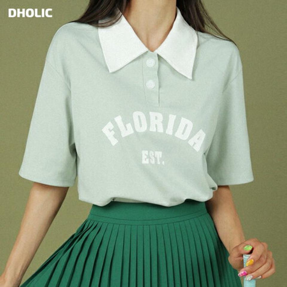 レタリングポロカラーTシャツ・全2色・t02784 レディース 【tops】トップス ポロ襟 半袖 ハーフスリーブ ロゴシャツ レタリング ロゴ シンプル カジュアル ボタン 黄緑 夏 韓国ファッション GOLFWEAR ゴルフウェア