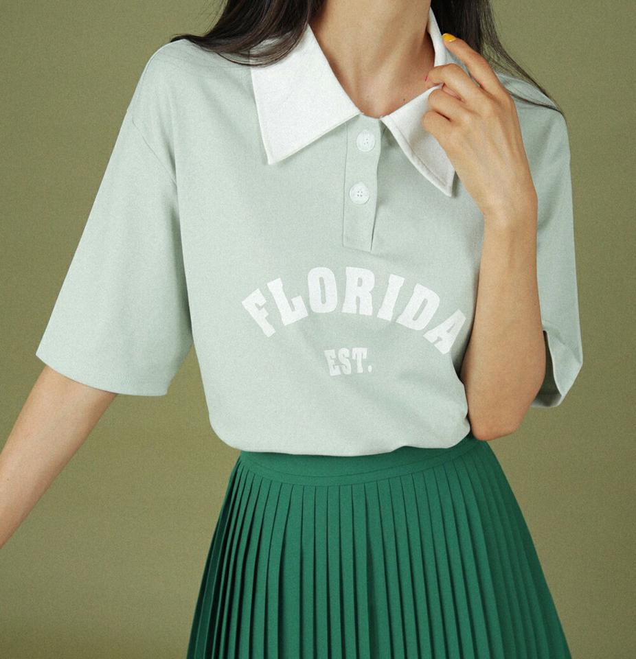 レタリングポロカラーTシャツ・全2色・t02784 レディース 【tops】トップス ポロ襟 半袖 ハーフスリーブ ロゴシャツ レタリング ロゴ シンプル カジュアル ボタン 黄緑 夏 韓国ファッション GOLFWEAR ゴルフウェア