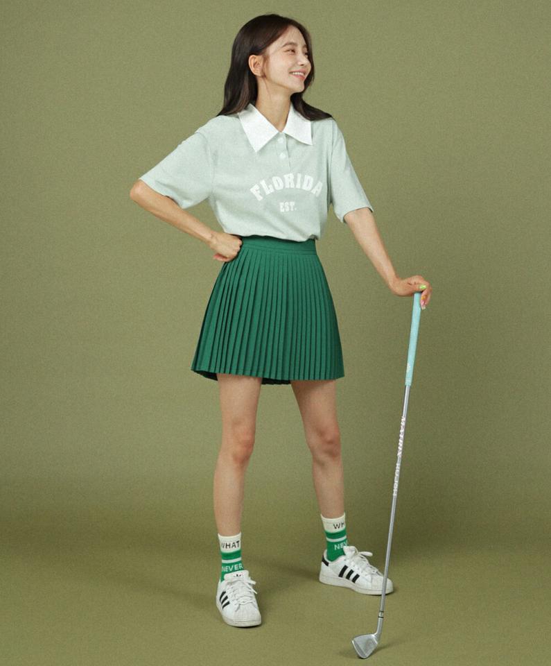 レタリングポロカラーTシャツ・全2色・t02784 レディース 【tops】トップス ポロ襟 半袖 ハーフスリーブ ロゴシャツ レタリング ロゴ シンプル カジュアル ボタン 黄緑 夏 韓国ファッション GOLFWEAR ゴルフウェア