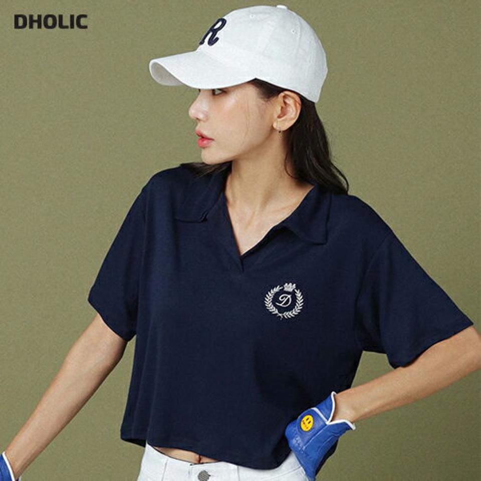 DロゴオープンカラーTシャツ・全3色・t02783 レディース 【tops】トップス Tシャツ 半袖 ハーフスリーブ ロゴ 刺繍 カジュアル ラフ シンプル Vネック ドロップショルダー 夏 韓国ファッション GOLFWEAR ゴルフウェア