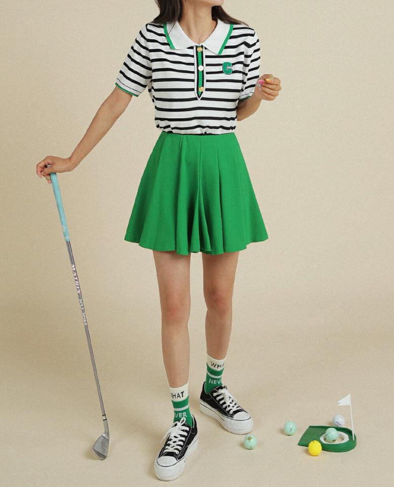 ボーダーゴールドボタンニット・全2色・b02788 レディース 【tops】トップス ニット 半袖 ボーダー柄 ポロ襟 配色 ゴールドボタン ロゴ イニシャル カジュアル 大人 可愛い 夏 韓国ファッション GOLFWEAR ゴルフウェア