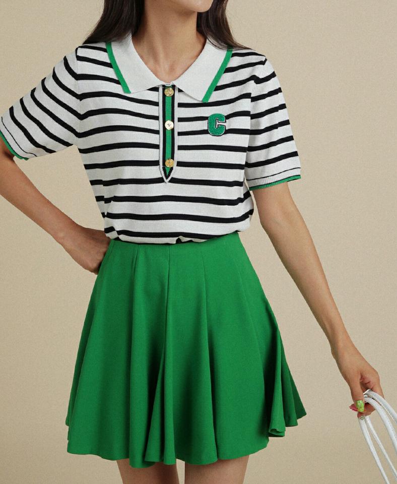 ボーダーゴールドボタンニット・全2色・b02788 レディース 【tops】トップス ニット 半袖 ボーダー柄 ポロ襟 配色 ゴールドボタン ロゴ イニシャル カジュアル 大人 可愛い 夏 韓国ファッション GOLFWEAR ゴルフウェア