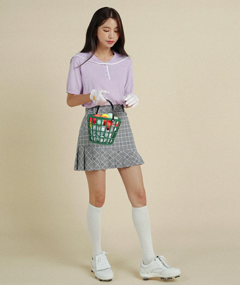 ハーフボタンセーラーカラーニット・全4色・b02827 レディース 【tops】トップス ニット 半袖 セーラーカラー 襟コン ハーフボタン 配色 シンプル カジュアル パステル 紫 パープル 夏 韓国ファッション GOLFWEAR ゴルフウェア