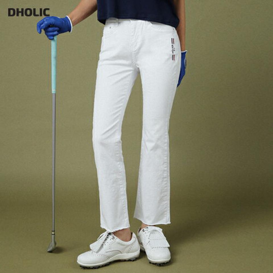 カットオフフレアパンツ・全2色・b02802 レディース 【pt】パンツ ズボン ロングパンツ 長ズボン フレア カットオフ 切りっぱなし ワンポイント ロゴ シンプル ストレッチ トリコロールカラー タイト 夏 韓国ファッション 人気 GOLFWEAR ゴルフウェア