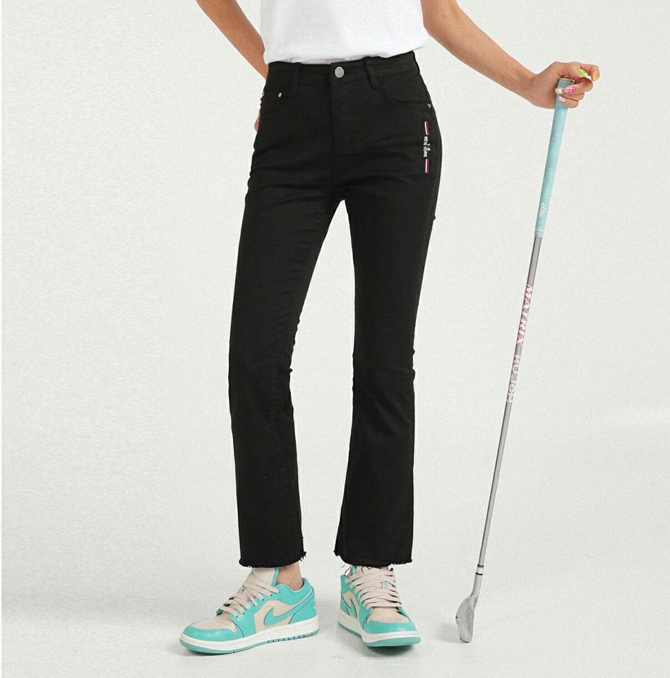 カットオフフレアパンツ・全2色・b02802 レディース 【pt】パンツ ズボン ロングパンツ 長ズボン フレア カットオフ 切りっぱなし ワンポイント ロゴ シンプル ストレッチ トリコロールカラー タイト 夏 韓国ファッション 人気 GOLFWEAR ゴルフウェア