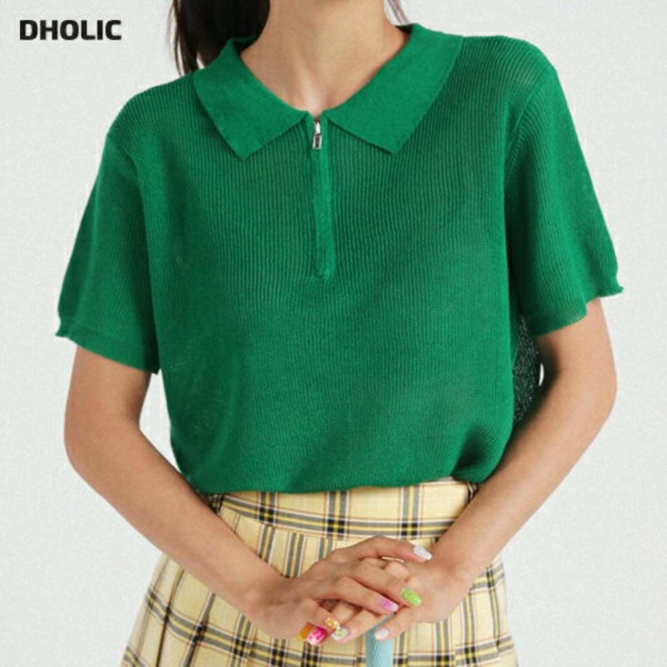 ハーフジップカラーニット・全5色・t02787 レディース 【tops】トップス ニット 半袖 ポロ襟 ハーフジップ ジップアップ 単色 無地 シンプル カジュアル ラフ 緑 夏 サマーニット 韓国ファッション GOLFWEAR ゴルフウェア