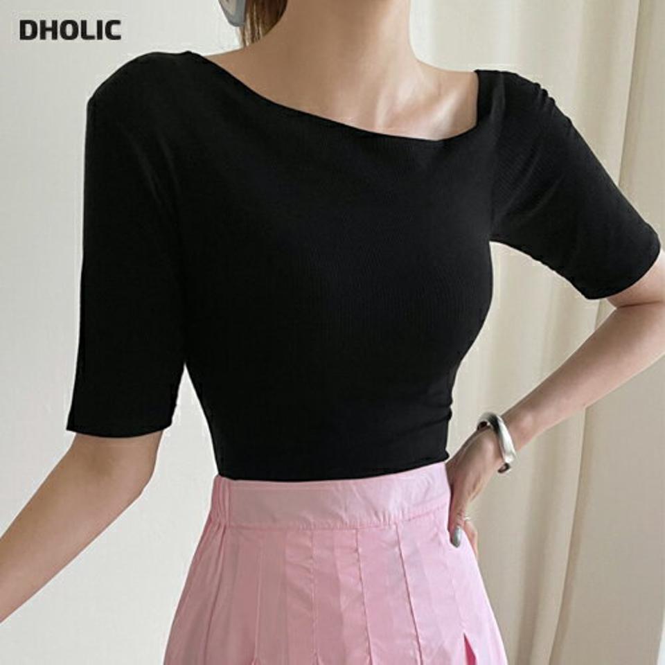 アシメネックスリムTシャツ・全3色・t72371 レディース 【tops】トップス Tシャツ 半袖 単色 無地 シンプル ユニーク アシメネック スリム 細身 タイト クロップド丈 春 夏 大人 シック 黒 ブラック 韓国ファッション ハイホリHIHOLLI