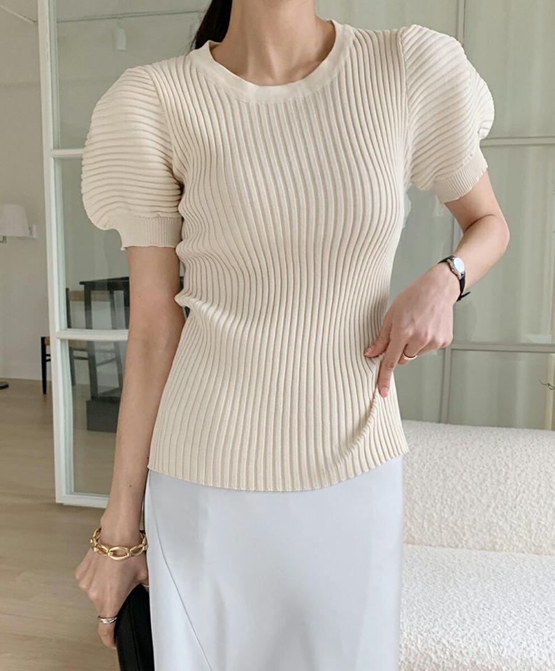 【10%OFF】リブパフニット・全3色・b72373 レディース 【tops】トップス ニット 半袖 柄 模様 リブ パフスリーブ パフ袖 二の腕カバー スリム タイト 細身 春 夏 フェミニン ガーリー ピンク 紫 かわいい 可愛い サマーニット 韓国ファッション ハイホリHIHOLLI セール SALE