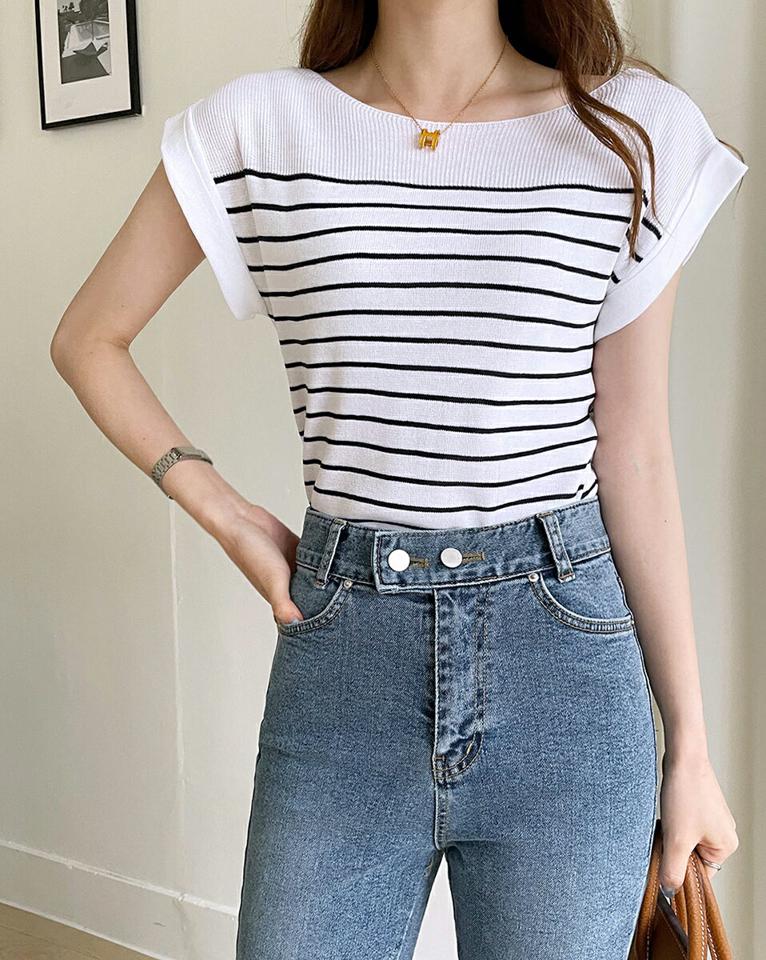 【10%OFF】ボートネックボーダーニット・全4色・b72374 レディース 【tops】トップス ニット 半袖 ボートネック ボーダー 柄 模様 鎖骨 デコルテ ゆったり ロールアップスリーブ 春 夏 カジュアル 茶色 ブラウン サマーニット 韓国ファッション ハイホリHIHOLLI セール SALE