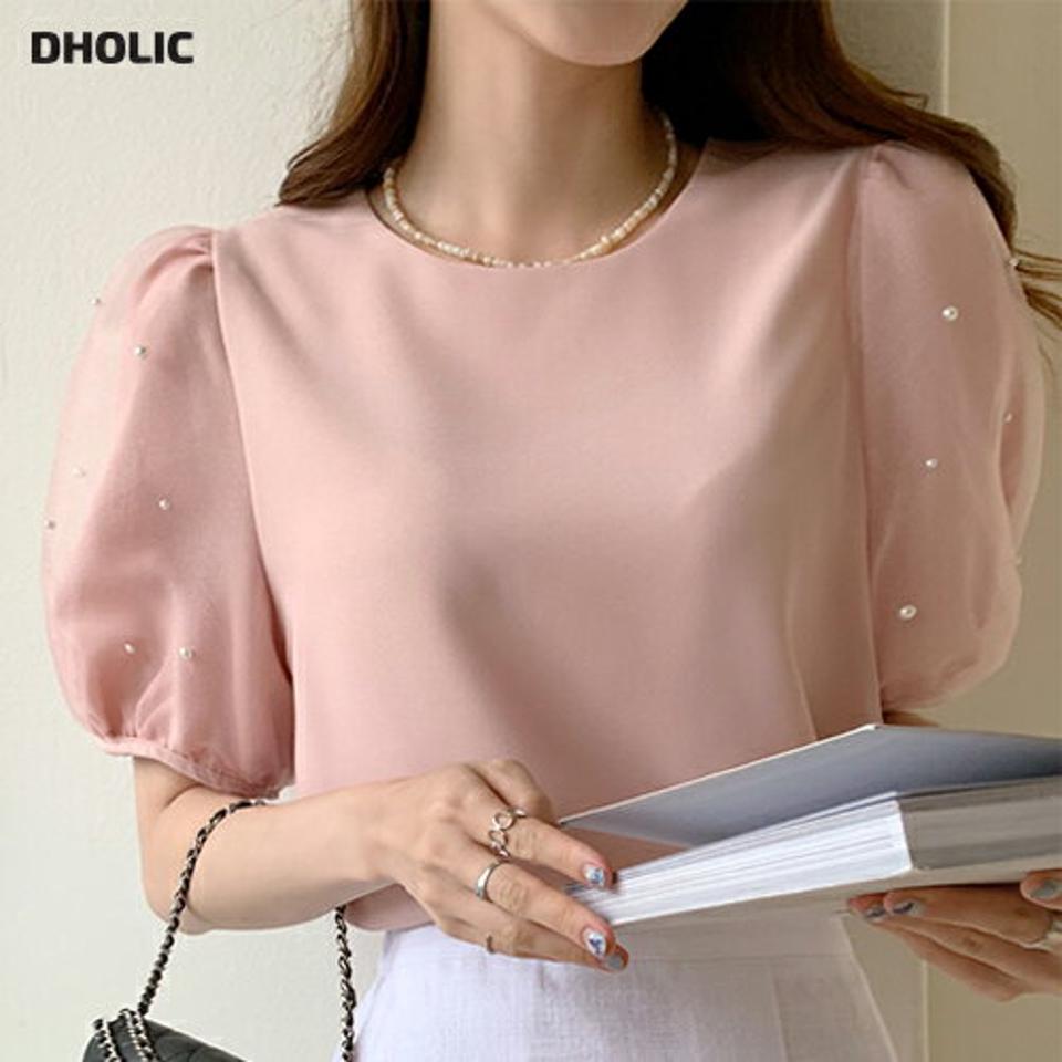 【10%OFF】シアーフェイクパールパフブラウス・全3色・b72378 レディース 【bl】ブラウス トップス 半袖 柄 模様 シアー 透け感 異素材 二の腕カバー パステル 上品 パフ フェイクパール 春 夏 きれいめ フェミニン ピンク 韓国ファッション ハイホリHIHOLLI セール SALE