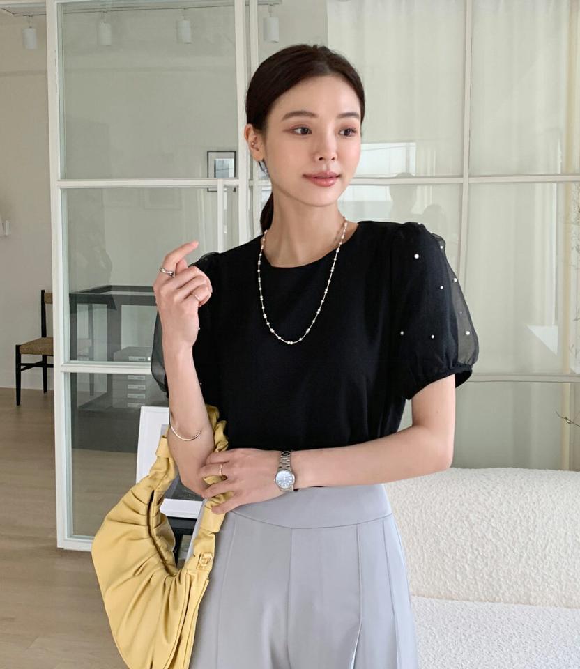 【10%OFF】シアーフェイクパールパフブラウス・全3色・b72378 レディース 【bl】ブラウス トップス 半袖 柄 模様 シアー 透け感 異素材 二の腕カバー パステル 上品 パフ フェイクパール 春 夏 きれいめ フェミニン ピンク 韓国ファッション ハイホリHIHOLLI セール SALE