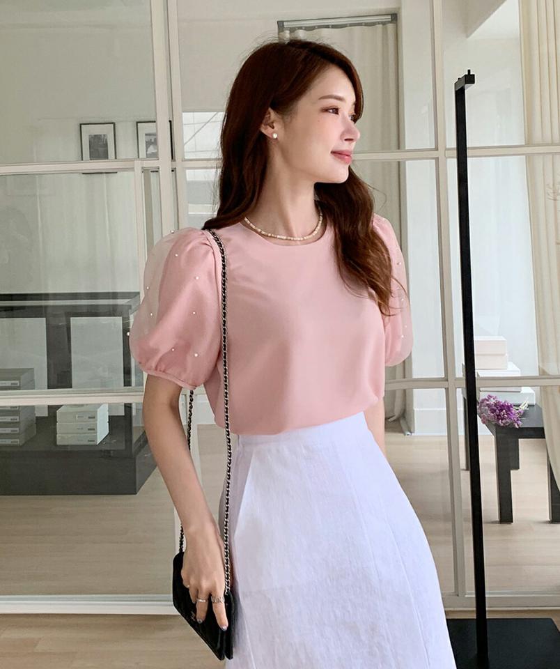 【10%OFF】シアーフェイクパールパフブラウス・全3色・b72378 レディース 【bl】ブラウス トップス 半袖 柄 模様 シアー 透け感 異素材 二の腕カバー パステル 上品 パフ フェイクパール 春 夏 きれいめ フェミニン ピンク 韓国ファッション ハイホリHIHOLLI セール SALE