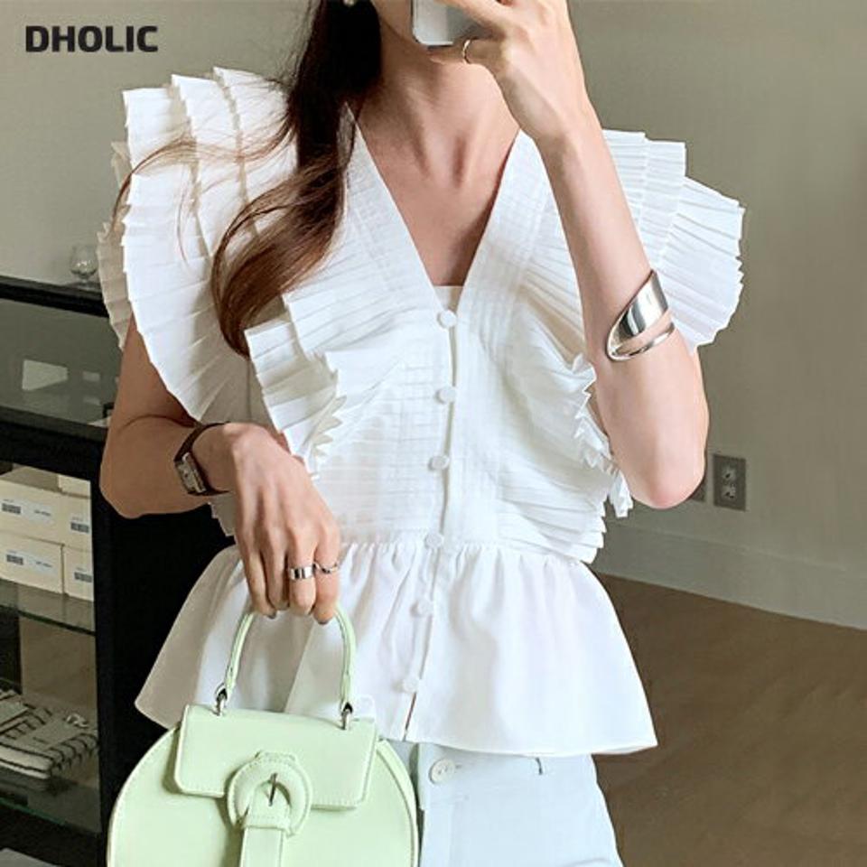 【10%OFF】Vネックプリーツブラウス・全2色・b72379 レディース 【bl】ブラウス トップス プリーツ 単色 半袖 二の腕カバー フリル お腹カバー 前後着用 Vネック 鎖骨 デコルテ レイヤード 春 夏 フェミニン 白 韓国ファッション ハイホリHIHOLLI セール SALE