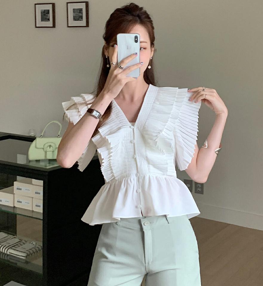 【10%OFF】Vネックプリーツブラウス・全2色・b72379 レディース 【bl】ブラウス トップス プリーツ 単色 半袖 二の腕カバー フリル お腹カバー 前後着用 Vネック 鎖骨 デコルテ レイヤード 春 夏 フェミニン 白 韓国ファッション ハイホリHIHOLLI セール SALE