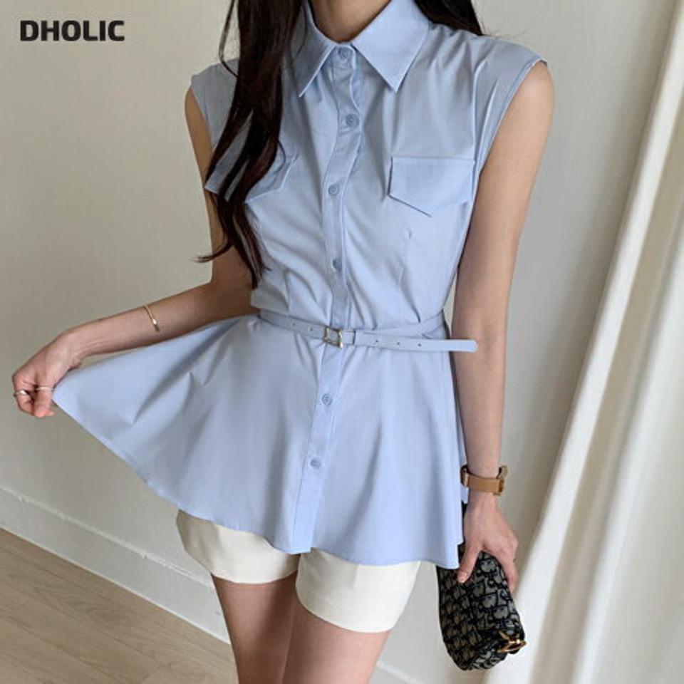 ベルト付ペプラムシャツ・全3色・t72381 レディース 【bl】トップス シャツ ノースリーブ 襟 ボタン パステル ペプラム ウエストマーク スリーブレス 春 夏 水色 フェミニン 大人 かわいい 可愛い 韓国ファッション ハイホリHIHOLLI