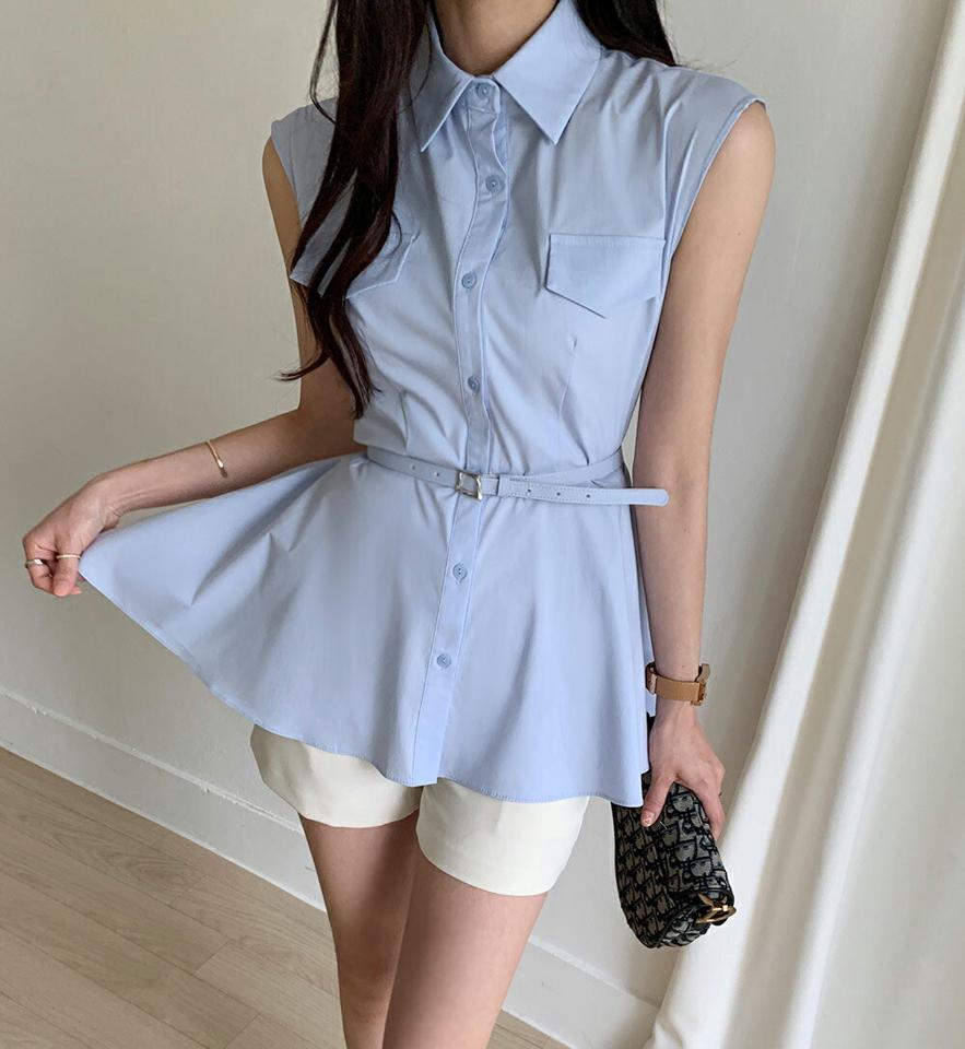 ベルト付ペプラムシャツ・全3色・t72381 レディース 【bl】トップス シャツ ノースリーブ 襟 ボタン パステル ペプラム ウエストマーク スリーブレス 春 夏 水色 フェミニン 大人 かわいい 可愛い 韓国ファッション ハイホリHIHOLLI